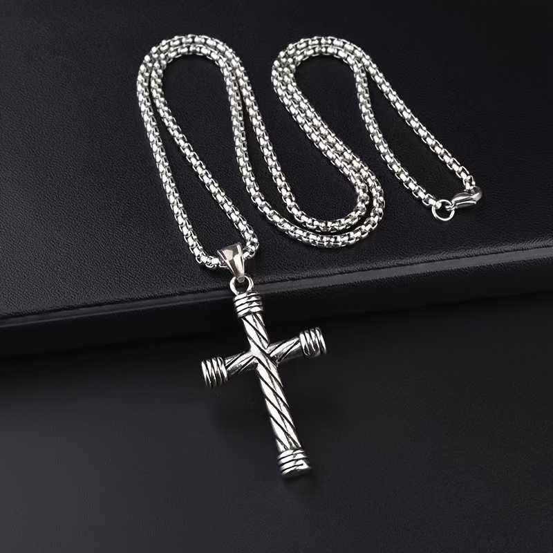 Men's Silver Plated Cross Pendant Necklace With Round Box Chain
