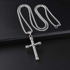 Men's Silver Plated Cross Pendant Necklace With Round Box Chain