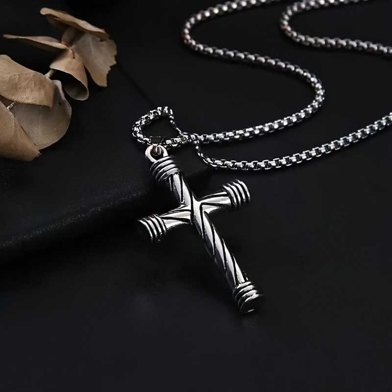 Men's Silver Plated Cross Pendant Necklace With Round Box Chain