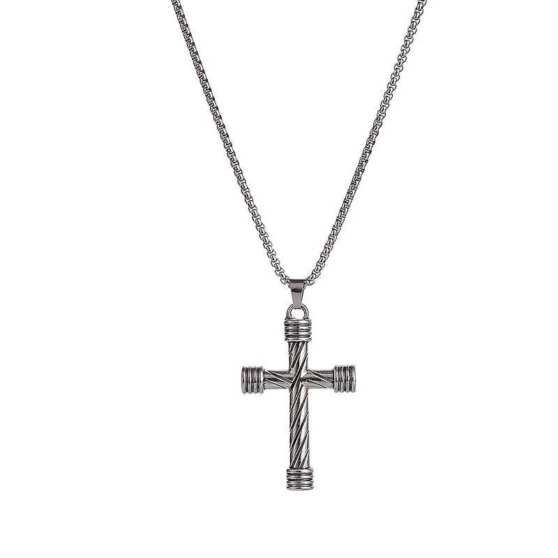 Men's Silver Plated Cross Pendant Necklace With Round Box Chain