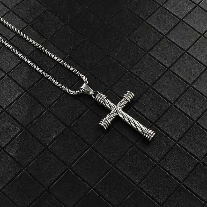 Men's Silver Plated Cross Pendant Necklace With Round Box Chain