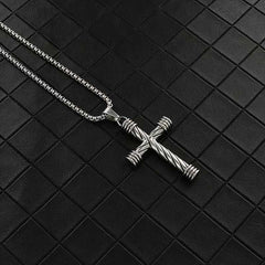 Men's Silver Plated Cross Pendant Necklace With Round Box Chain