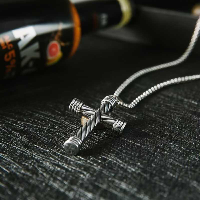 Men's Silver Plated Cross Pendant Necklace With Round Box Chain