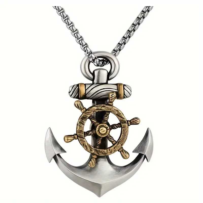 Men's Silver Plated Rudder Anchor Pendant Necklace with Lobster clasp
