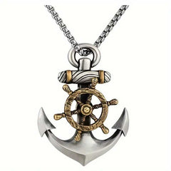 Men's Silver Plated Rudder Anchor Pendant Necklace with Lobster clasp