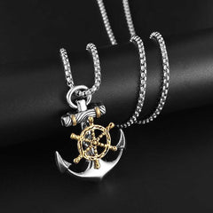 Men's Silver Plated Rudder Anchor Pendant Necklace with Lobster clasp