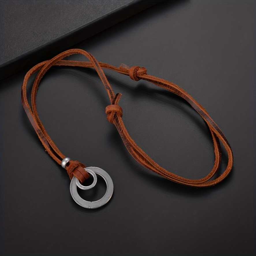 Men's Double Circle Ring Pendant Necklace with Faux Leather Cord