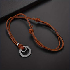 Men's Double Circle Ring Pendant Necklace with Faux Leather Cord