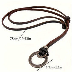 Men's Double Circle Ring Pendant Necklace with Faux Leather Cord