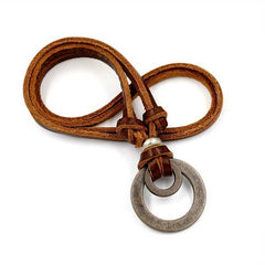 Men's Double Circle Ring Pendant Necklace with Faux Leather Cord