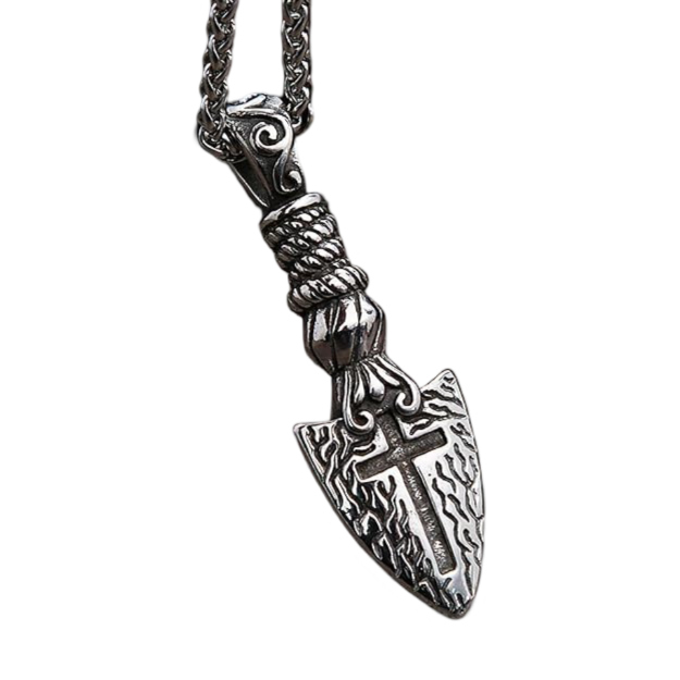 Men's Silver Plated Spear Shaped Cross Necklace With Wheat Chain Design