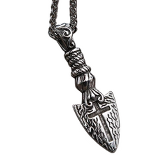 Men's Silver Plated Spear Shaped Cross Necklace With Wheat Chain Design