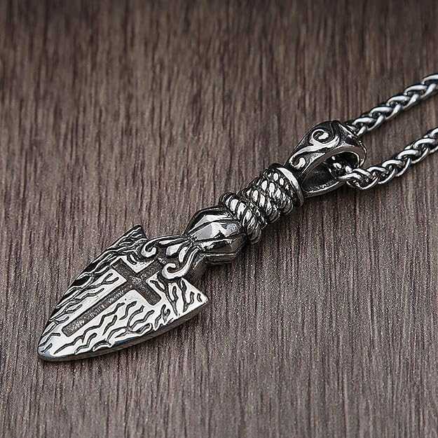 Men's Silver Plated Spear Shaped Cross Necklace With Wheat Chain Design