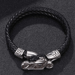 Men's Black Double Layer Leather Bracelet with Metal Bike Accent