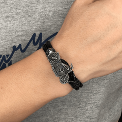 Men's Black Double Layer Leather Bracelet with Metal Bike Accent