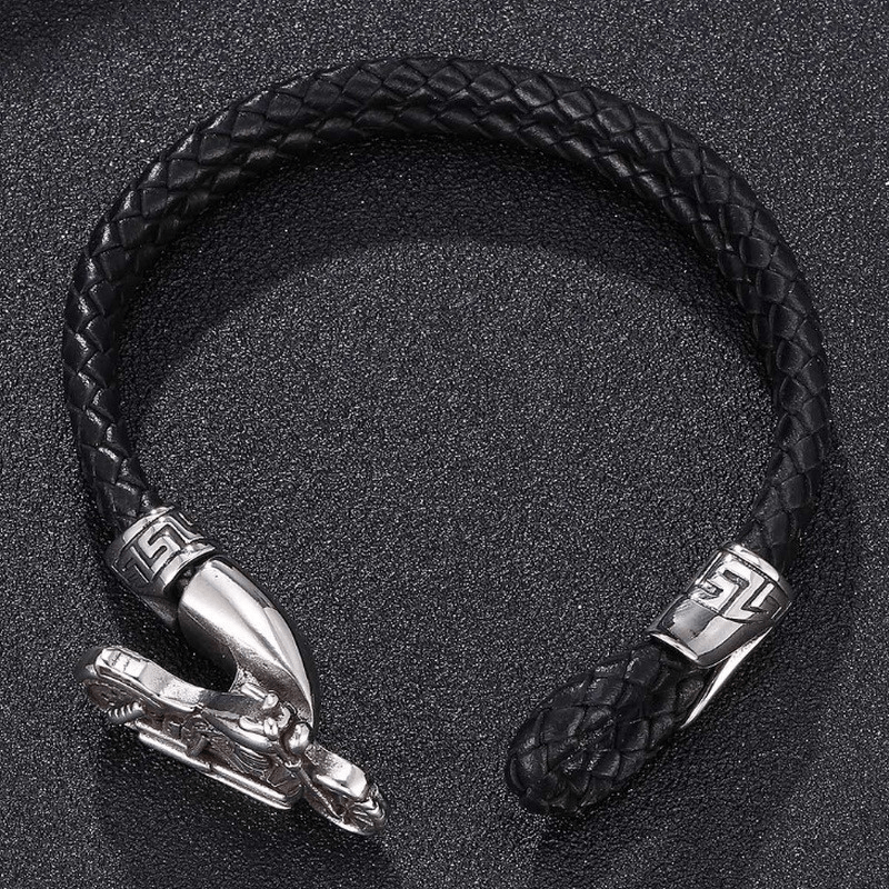 Men's Black Double Layer Leather Bracelet with Metal Bike Accent