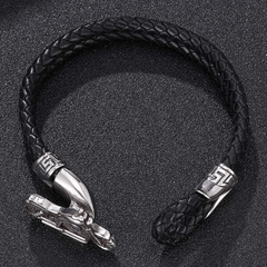 Men's Black Double Layer Leather Bracelet with Metal Bike Accent