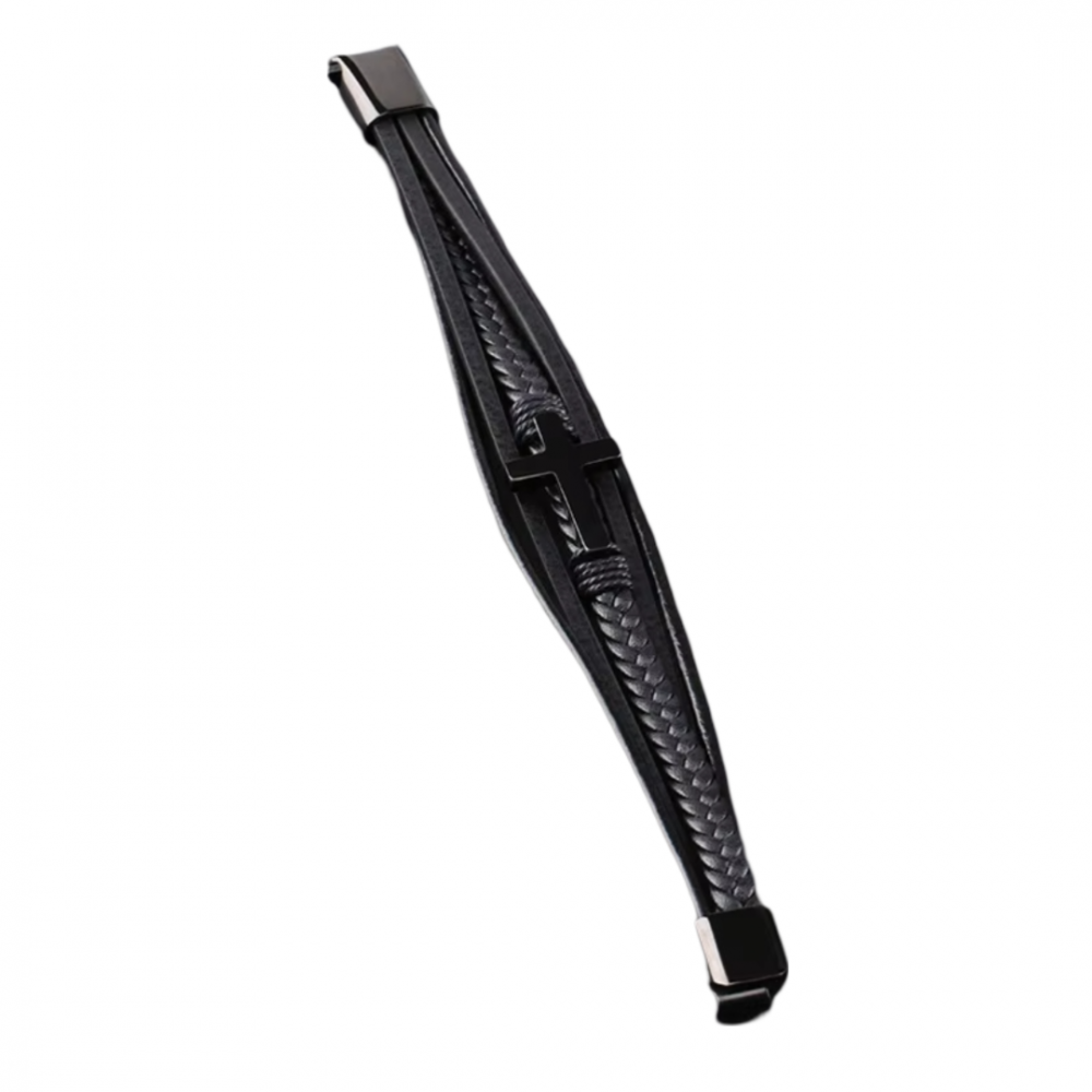 Men's Cross Design Multi Layer Black Leather And Steel Magnetic Bracelet