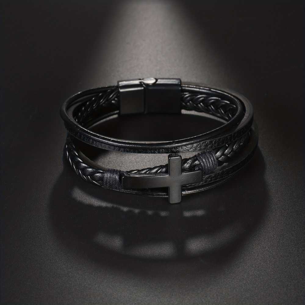 Men's Cross Design Multi Layer Black Leather And Steel Magnetic Bracelet
