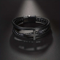 Men's Cross Design Multi Layer Black Leather And Steel Magnetic Bracelet