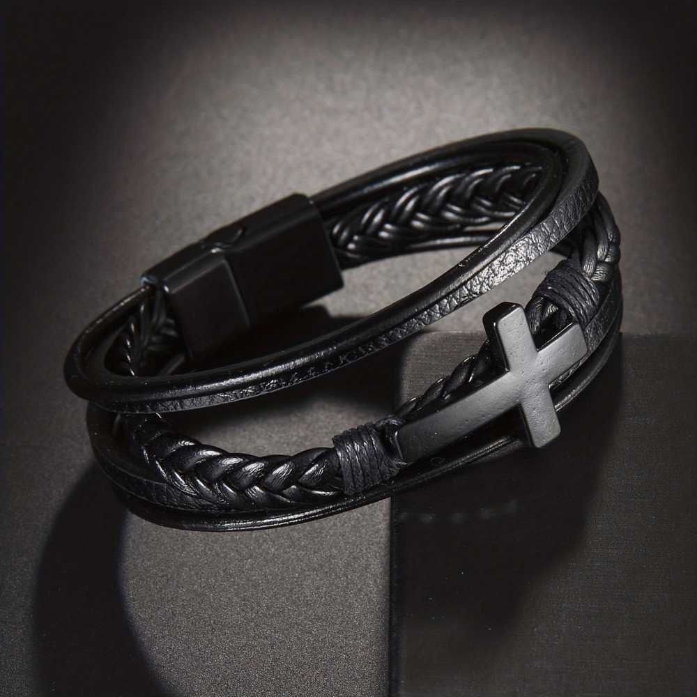 Men's Cross Design Multi Layer Black Leather And Steel Magnetic Bracelet