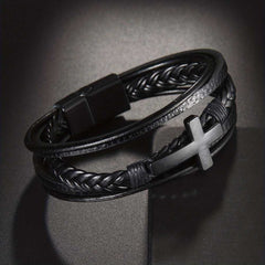 Men's Cross Design Multi Layer Black Leather And Steel Magnetic Bracelet
