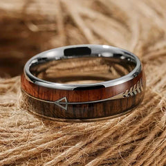 Men's Stainless Steel Arrow Ring with Elegant Wood Inlay