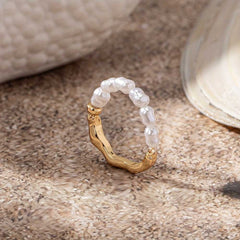 Golden Stretch Ring with Irregular Faux Pearl and Zinc Alloy Design.