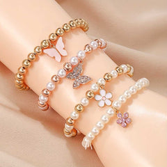 4pcs Cute Butterfly Daisy Heart Pendant Faux Pearl Beaded Bracelet Set