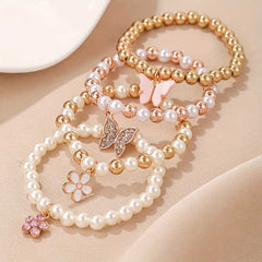 4pcs Cute Butterfly Daisy Heart Pendant Faux Pearl Beaded Bracelet Set