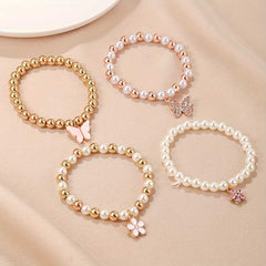 4pcs Cute Butterfly Daisy Heart Pendant Faux Pearl Beaded Bracelet Set