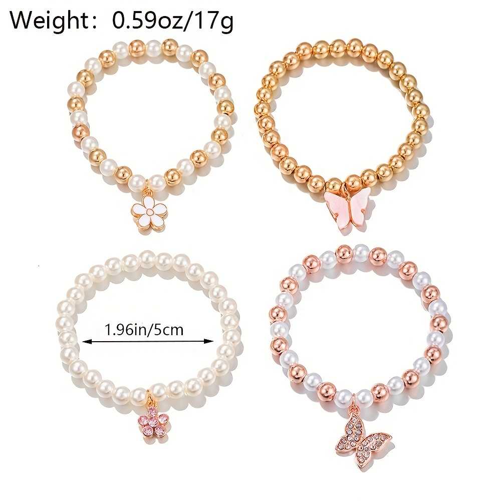 4pcs Cute Butterfly Daisy Heart Pendant Faux Pearl Beaded Bracelet Set
