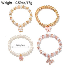 4pcs Cute Butterfly Daisy Heart Pendant Faux Pearl Beaded Bracelet Set