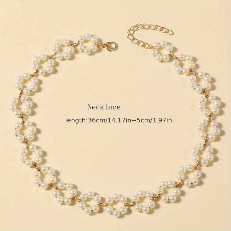 Faux Pearl Beaded Clavicle Chain Hollow Flower Necklace.