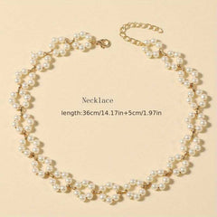 Faux Pearl Beaded Clavicle Chain Hollow Flower Necklace.