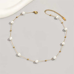 Elegant White Faux Pearl Bead Necklace Simple, Adjustable Thin Chain Jewelry.