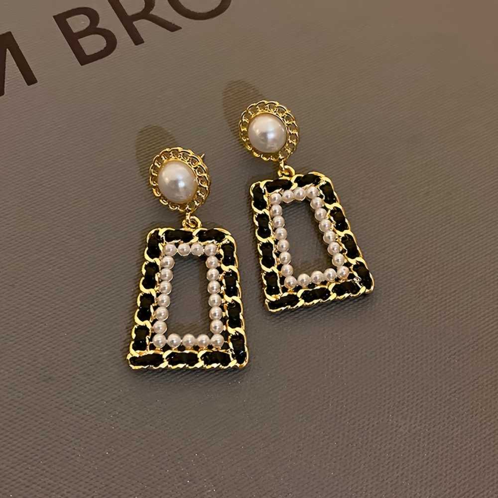 Hollow Geometric Shape Faux Pearl Dangle Earrings Elegant Simple Style