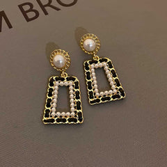 Hollow Geometric Shape Faux Pearl Dangle Earrings Elegant Simple Style