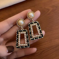 Hollow Geometric Shape Faux Pearl Dangle Earrings Elegant Simple Style