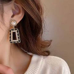 Hollow Geometric Shape Faux Pearl Dangle Earrings Elegant Simple Style