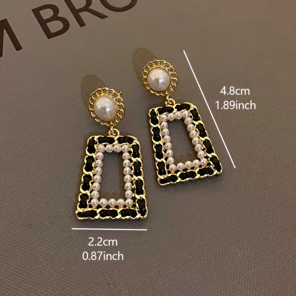 Hollow Geometric Shape Faux Pearl Dangle Earrings Elegant Simple Style