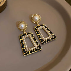 Hollow Geometric Shape Faux Pearl Dangle Earrings Elegant Simple Style