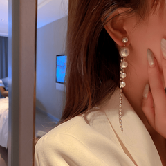 Sparkling Long Pearl Tassel Earrings with Zirconia Studs Elegant Design
