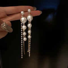 Sparkling Long Pearl Tassel Earrings with Zirconia Studs Elegant Design