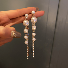 Sparkling Long Pearl Tassel Earrings with Zirconia Studs Elegant Design