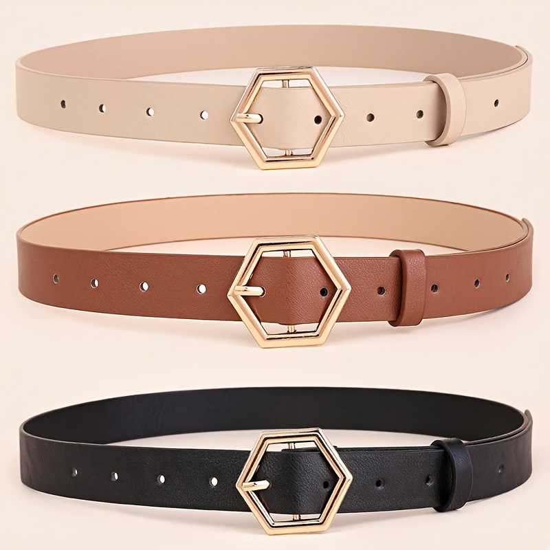 Hexagon Buckle Casual Belt Solid Color PU Leather Trendy Jeans Belt for Women