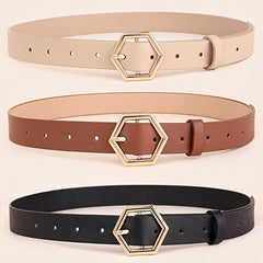 Hexagon Buckle Casual Belt Solid Color PU Leather Trendy Jeans Belt for Women