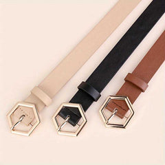 Hexagon Buckle Casual Belt Solid Color PU Leather Trendy Jeans Belt for Women