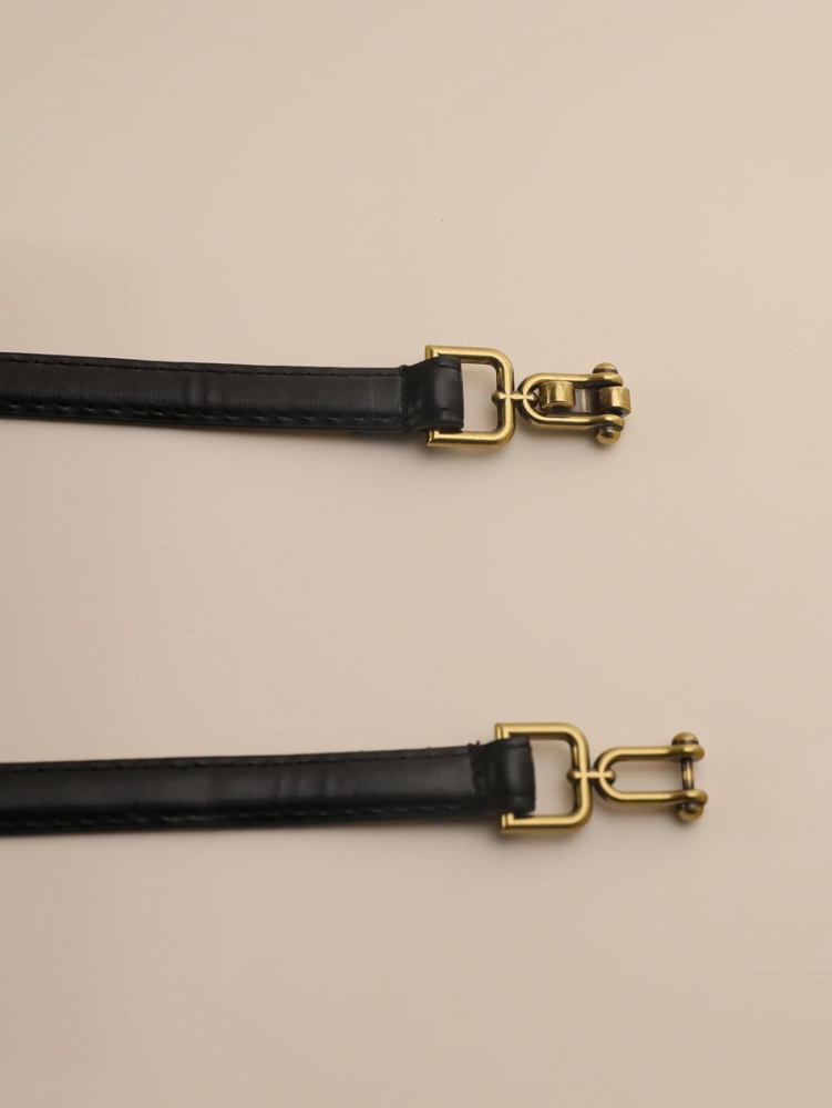 Vintage Double Buckle Skinny Thin Belt Classic PU Leather Waistband for Women