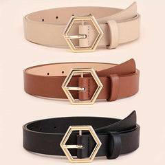 Hexagon Buckle Casual Belt Solid Color PU Leather Trendy Jeans Belt for Women